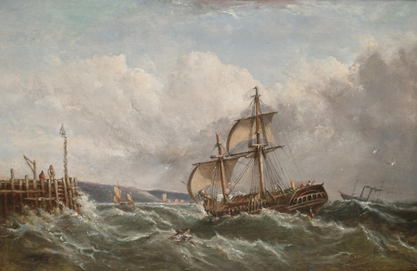 Shipping in choppy seas off the coast by Ebenezer Colls